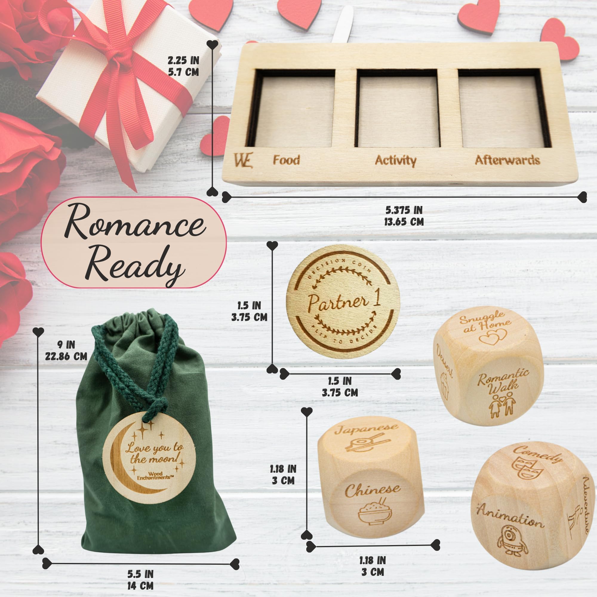 Wood Enchantments dice close-up highlighting craftsmanship for romantic ideas