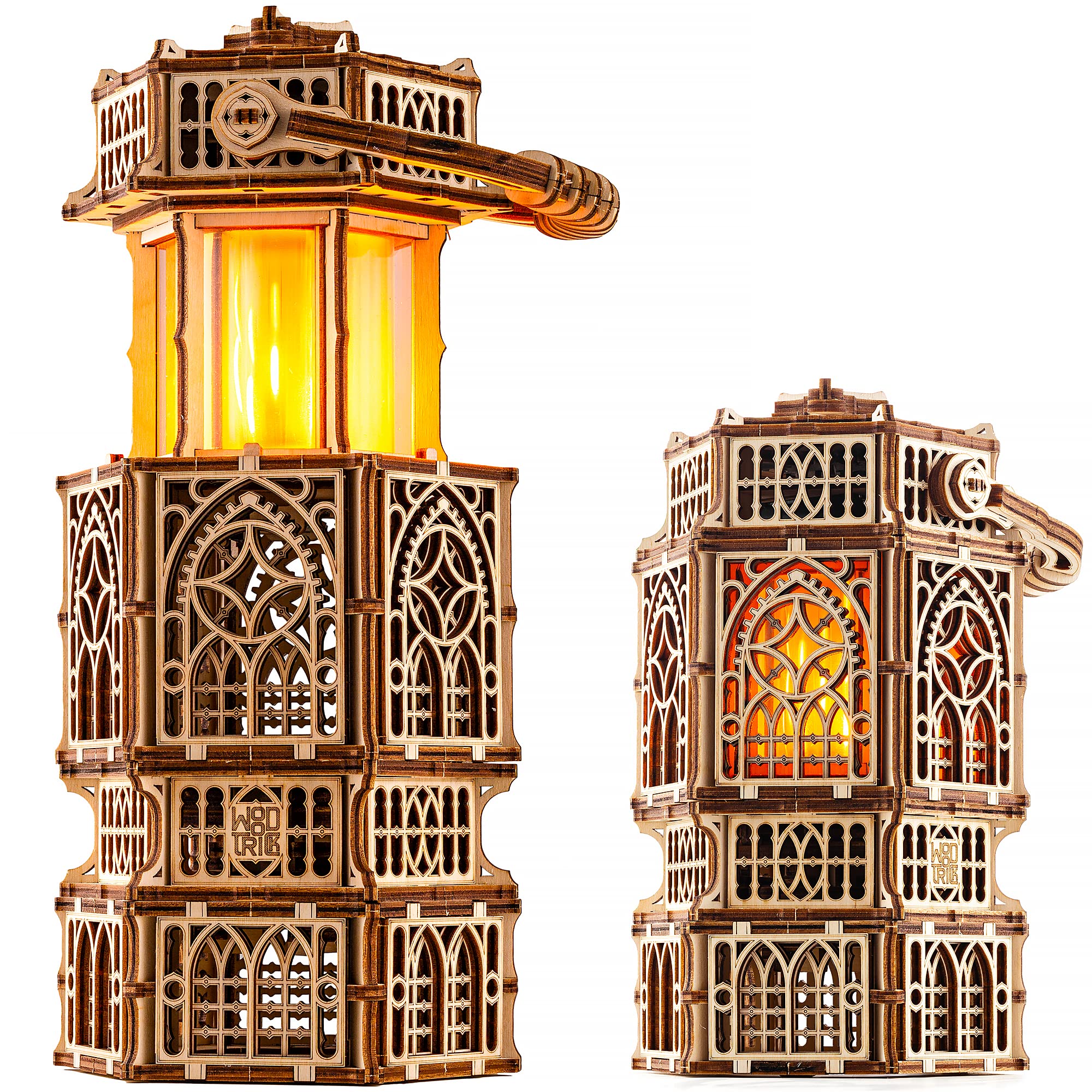 Wood Trick antique lantern front view with gearwork and LED glow