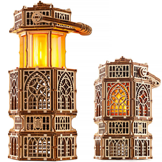 Wood Trick antique lantern front view with gearwork and LED glow