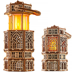 Wood Trick antique lantern front view with gearwork and LED glow