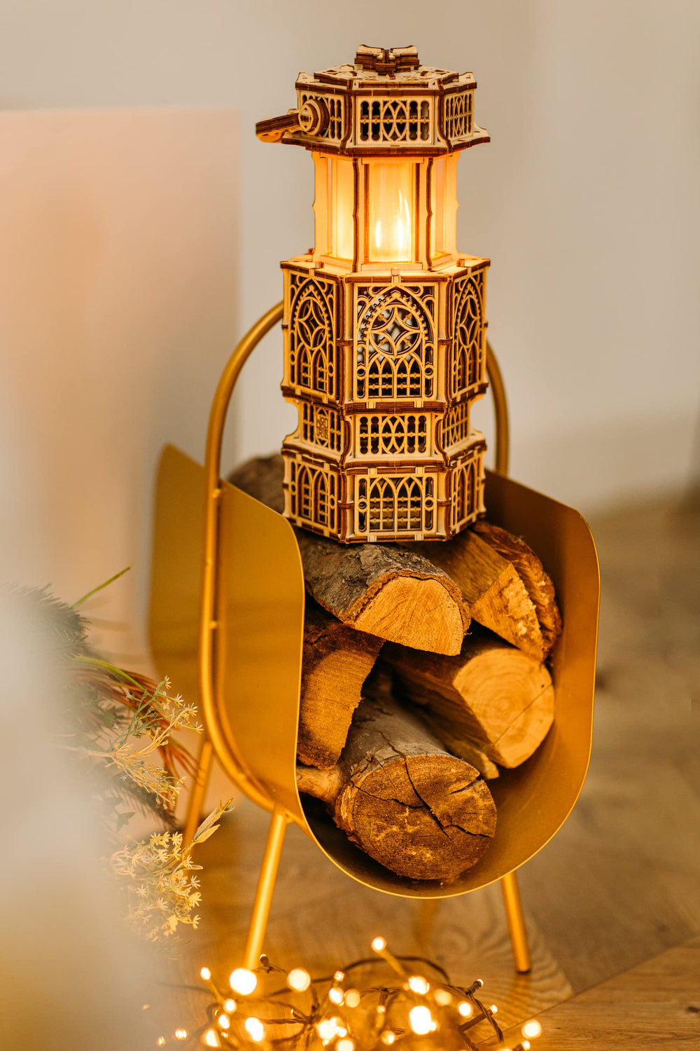 Wood Trick antique lantern puzzle parts laid out for assembly