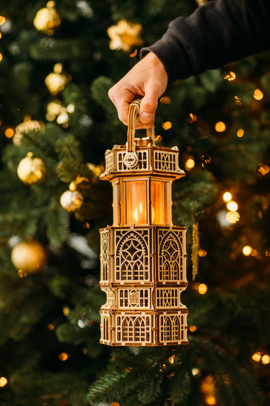 Wood Trick antique lantern side view highlighting layered wood panels and mechanisms