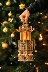 Wood Trick antique lantern side view highlighting layered wood panels and mechanisms