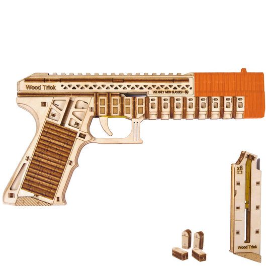 Wood Trick Defenders Gun assembly view showing the 256-piece wooden puzzle for adults and DIY challenge