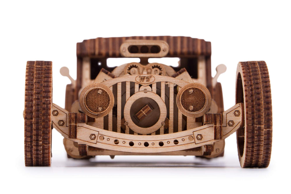 Wood Trick Hot Rod natural wood kit emphasizing glue-free assembly and durability.