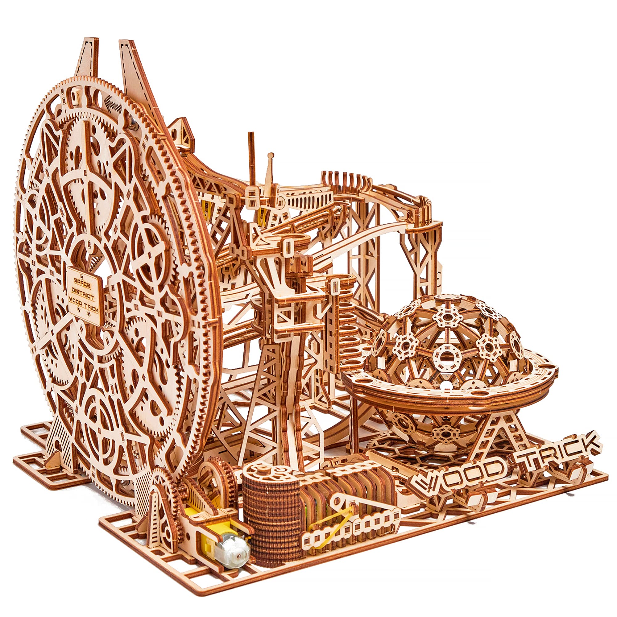 Wood Trick Marble Run motor powered by batteries for dynamic motion.