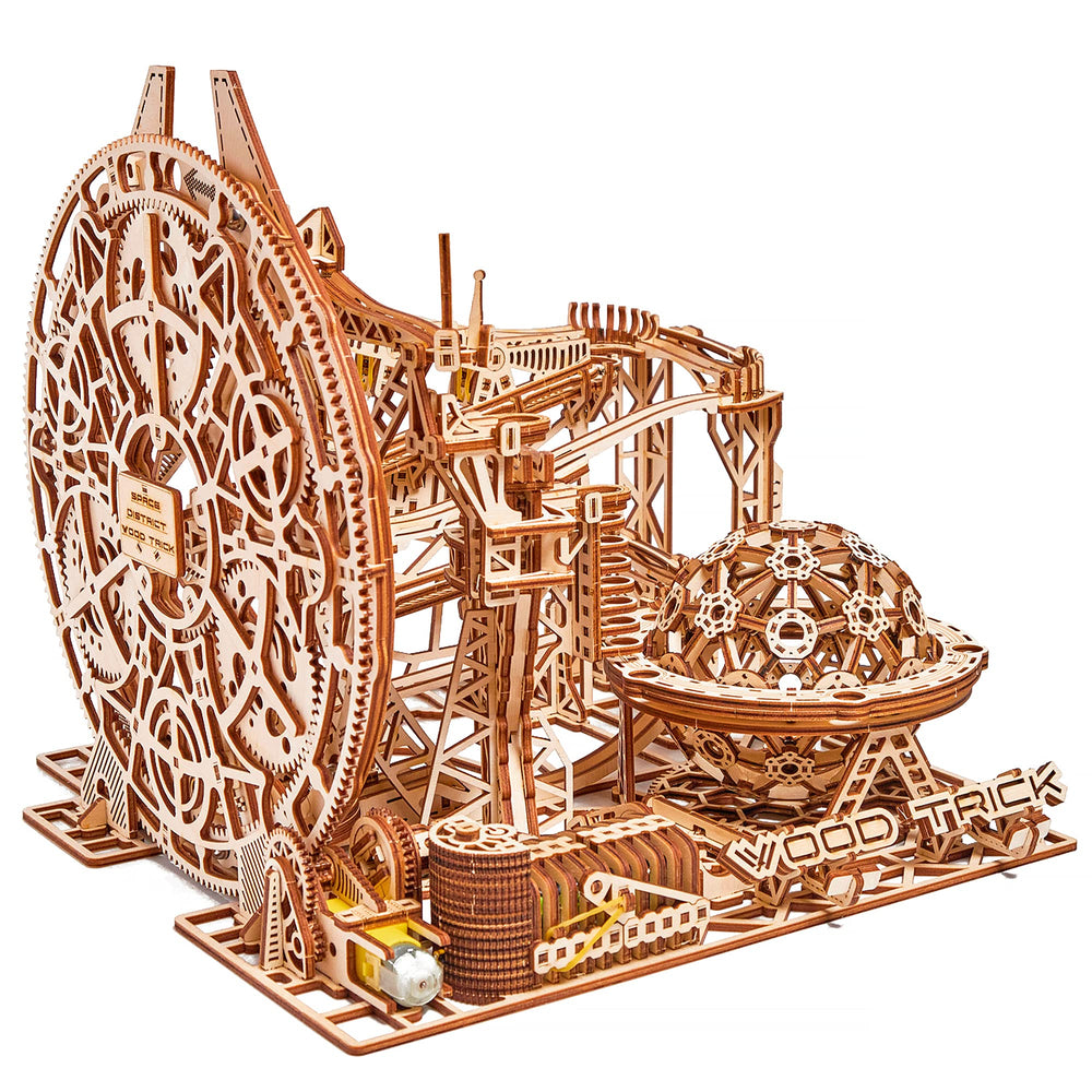 Wood Trick Marble Run motor powered by batteries for dynamic motion.