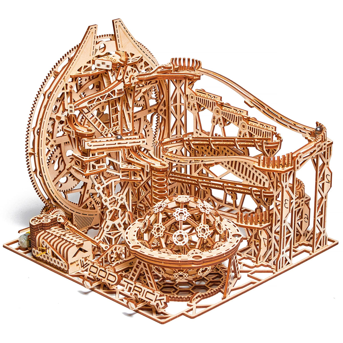 Wood Trick Marble Run unboxed view highlighting natural wood build for desk display.