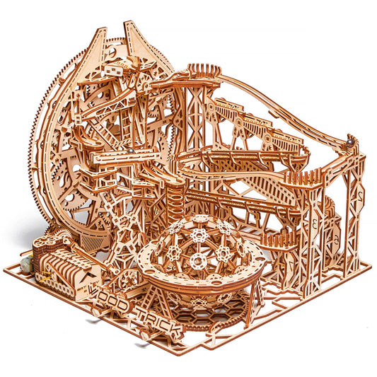 Wood Trick Marble Run unboxed view highlighting natural wood build for desk display.