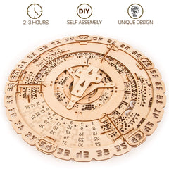 Wood Trick Mayan calendar dial features date-selection pointer for precise daily and monthly tracking.
