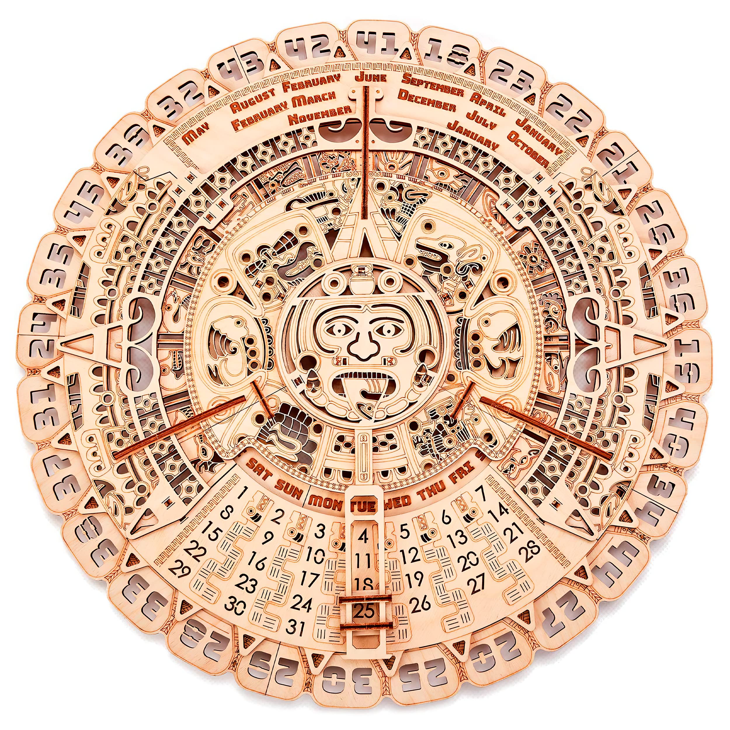 Wood Trick Mayan calendar wall-assembly shows a durable wooden model kit for stylish home display.
