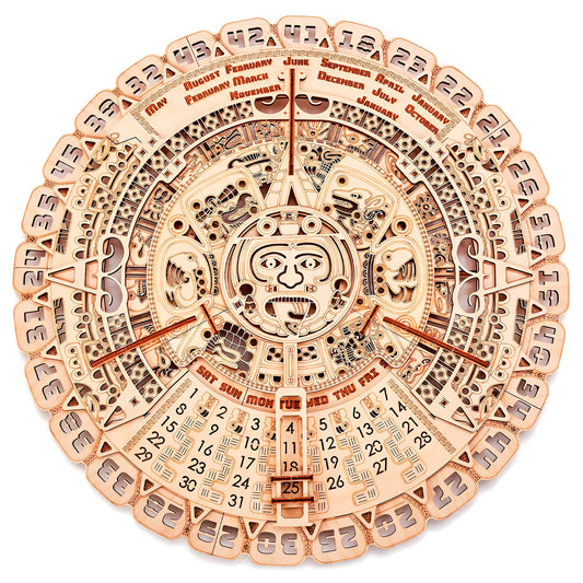 Wood Trick Mayan calendar wall-assembly shows a durable wooden model kit for stylish home display.