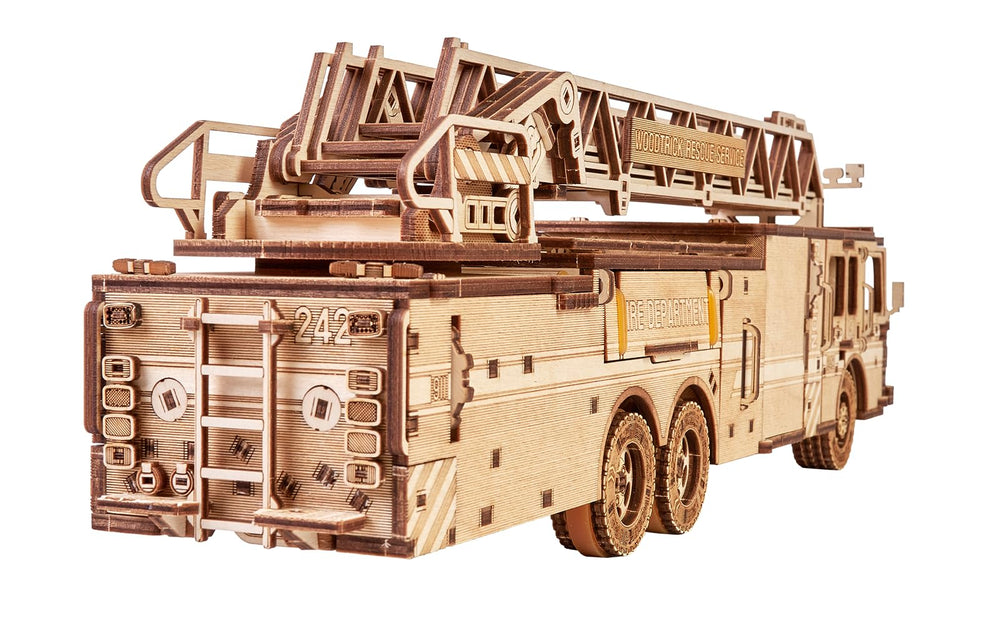 Wood Trick Rescue Firetruck ladder extend 35 inches highlights the extendable reach.