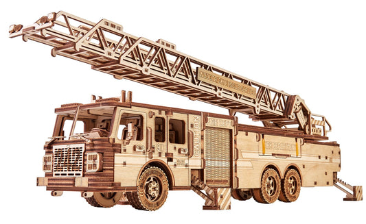 Wood Trick Rescue Firetruck movable shows a detailed wooden model with a functional ladder.