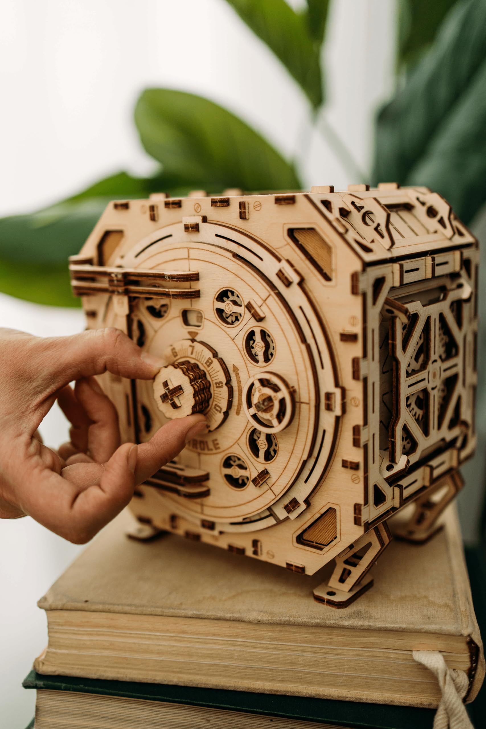 Wood Trick Safe combination lock closeup with four-digit mechanism.