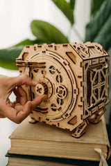 Wood Trick Safe combination lock closeup with four-digit mechanism.