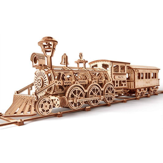 Wood Trick train set on rails invites hands-on engineering exploration.