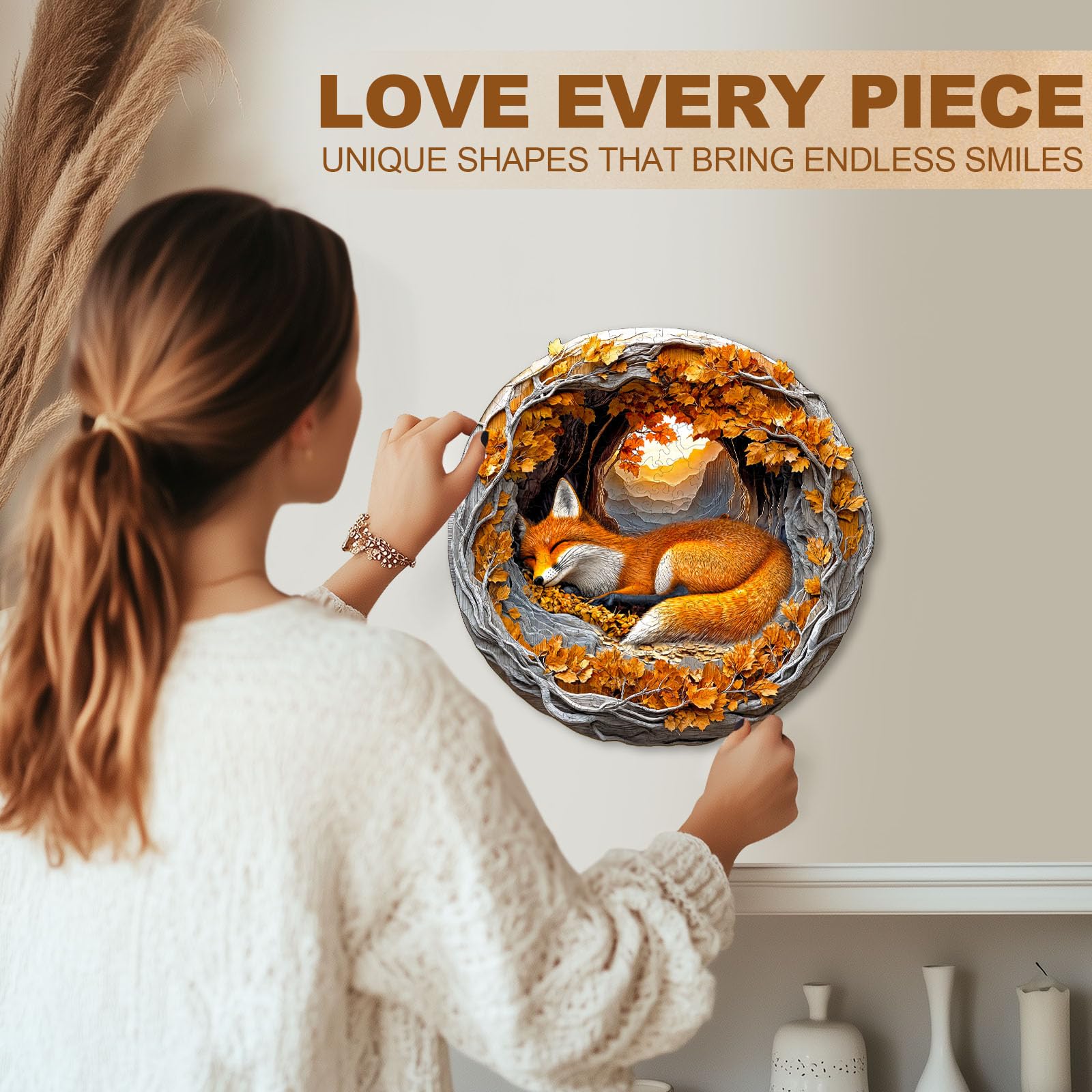 WoodBests Fox Puzzle pieces spread illustrate varied shapes for mindful challenge