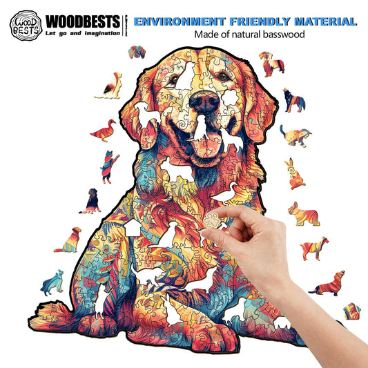 WOODBESTS Golden Retriever puzzle artwork close-up highlighting color-rich fur details for focused solving.