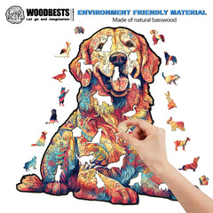 WOODBESTS Golden Retriever puzzle artwork close-up highlighting color-rich fur details for focused solving.