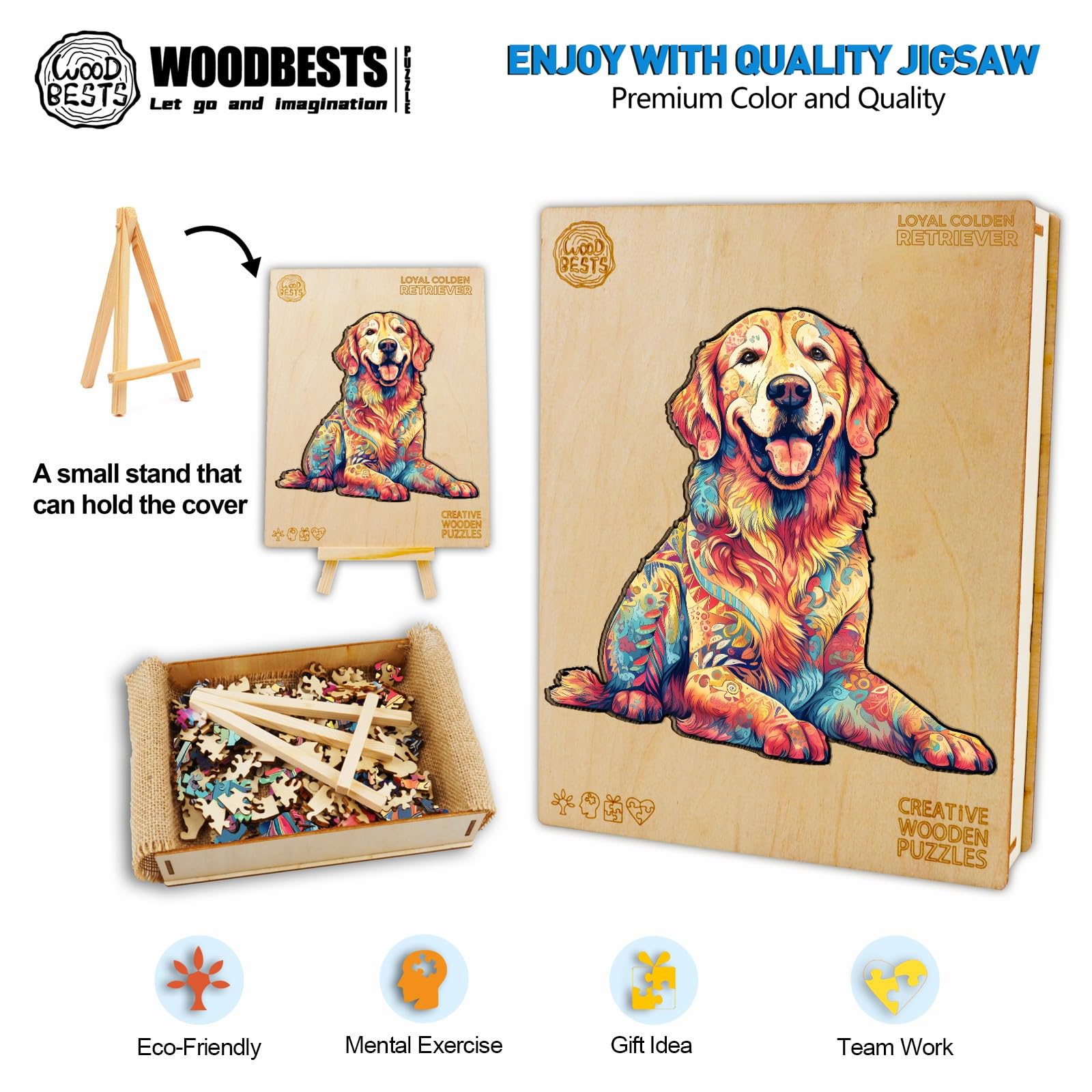 WOODBESTS Golden Retriever puzzle pieces close-up showing precision laser-cut edges for safe handling.