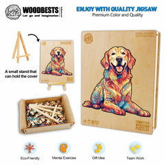 WOODBESTS Golden Retriever puzzle pieces close-up showing precision laser-cut edges for safe handling.