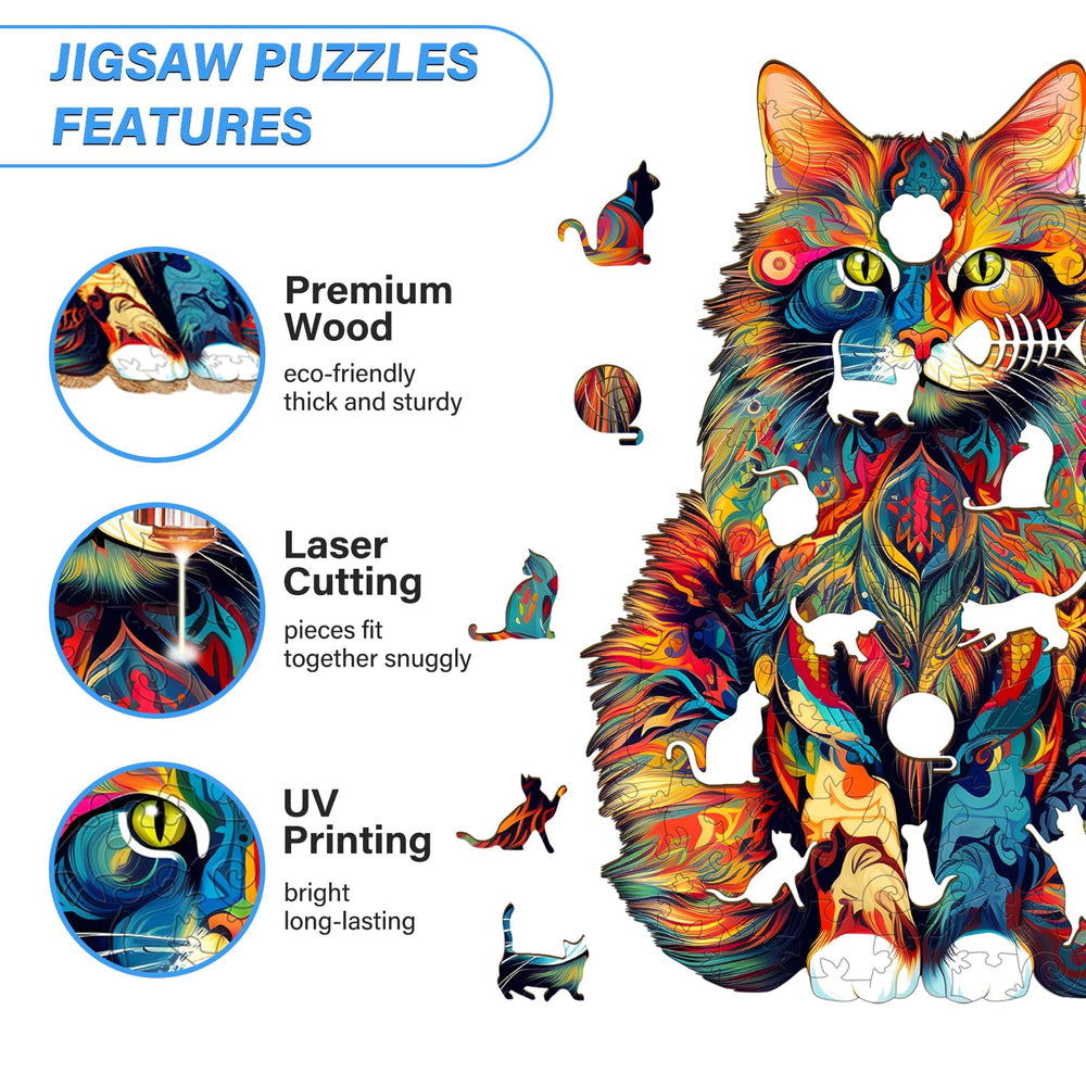 WOODBESTS Maine Coon puzzle assembling action invites mindful focus during downtime