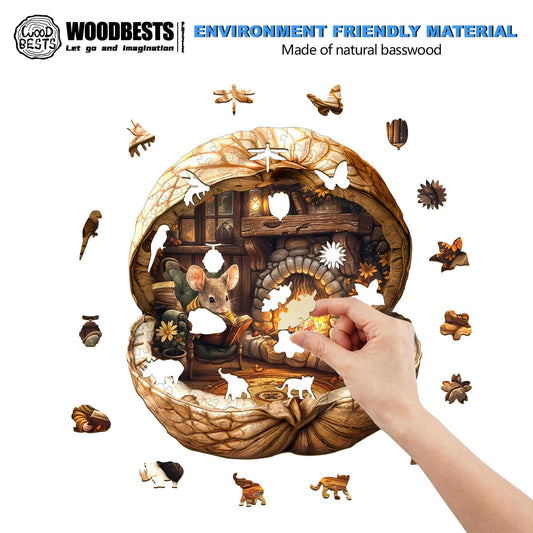 WOODBESTS Mouse with hidden sketch in the book nook highlights curiosity and observation