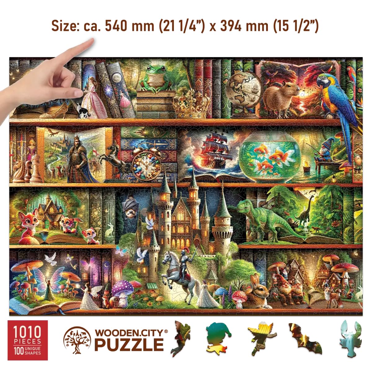 WOODEN.CITY Castle on shelf illustration enhances imagination during family puzzle nights.