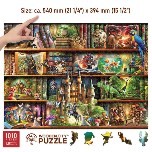 WOODEN.CITY Castle on shelf illustration enhances imagination during family puzzle nights.