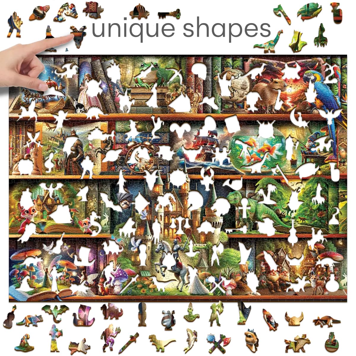 WOODEN.CITY Creatures on shelf scene sparks curiosity and storytelling as pieces fit.