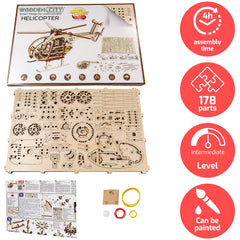 WOODEN.CITY Helicopter 3D model instruction page shows clear, glue-free assembly steps.