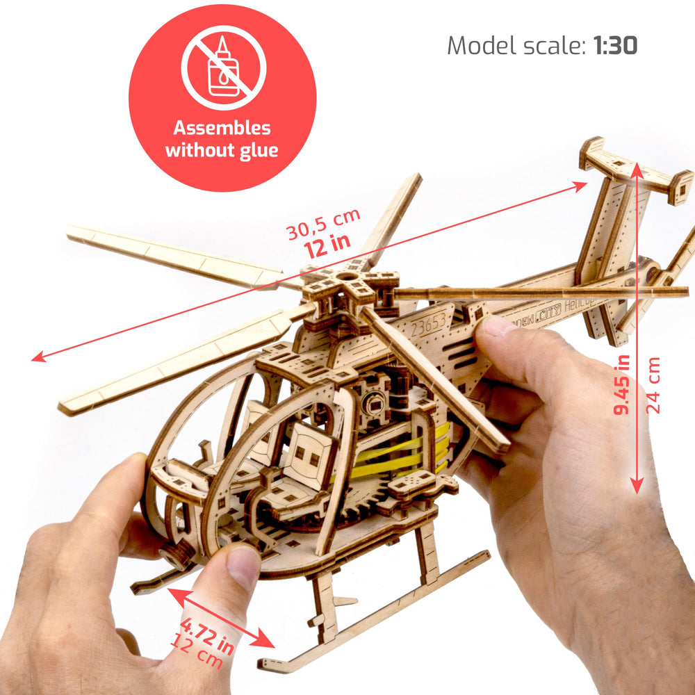 WOODEN.CITY Helicopter 3D model side view highlights durable, eco-friendly wooden construction.