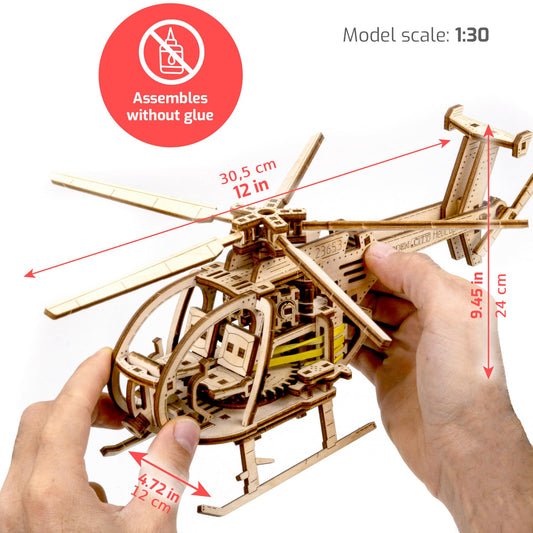 WOODEN.CITY Helicopter 3D model side view highlights durable, eco-friendly wooden construction.