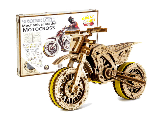 WOODEN.CITY Motocross 3D Puzzle assembled-bike display for collectors.