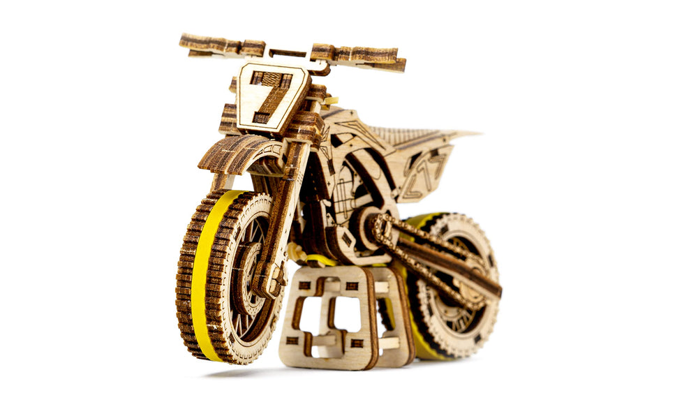 WOODEN.CITY Motocross 3D Puzzle box-open reveal of premium wood components.