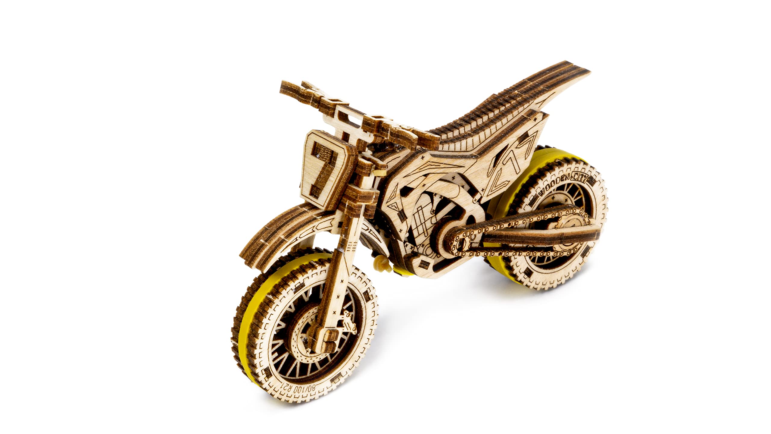 WOODEN.CITY Motocross 3D Puzzle in-progress pieces showcase crafting excitement.