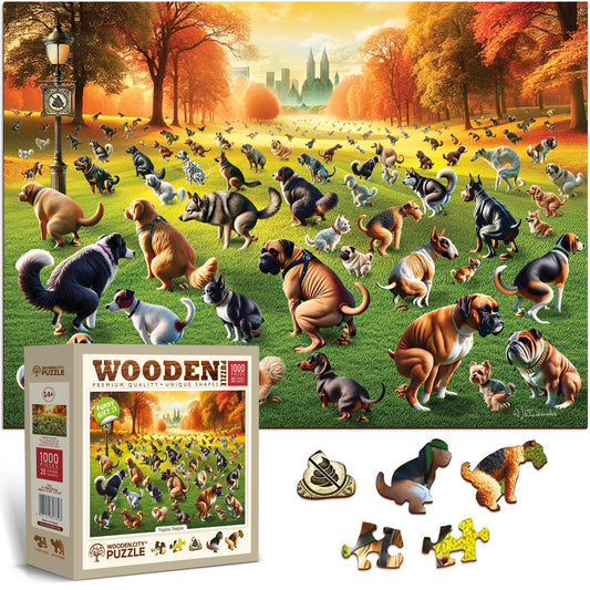 WOODEN.CITY Puppies Poopies 1000-piece puzzle with mischievous puppies for a relaxing evening.