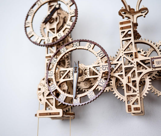 WOODEN.CITY clock gears close-up showing the intricate moving mechanisms.