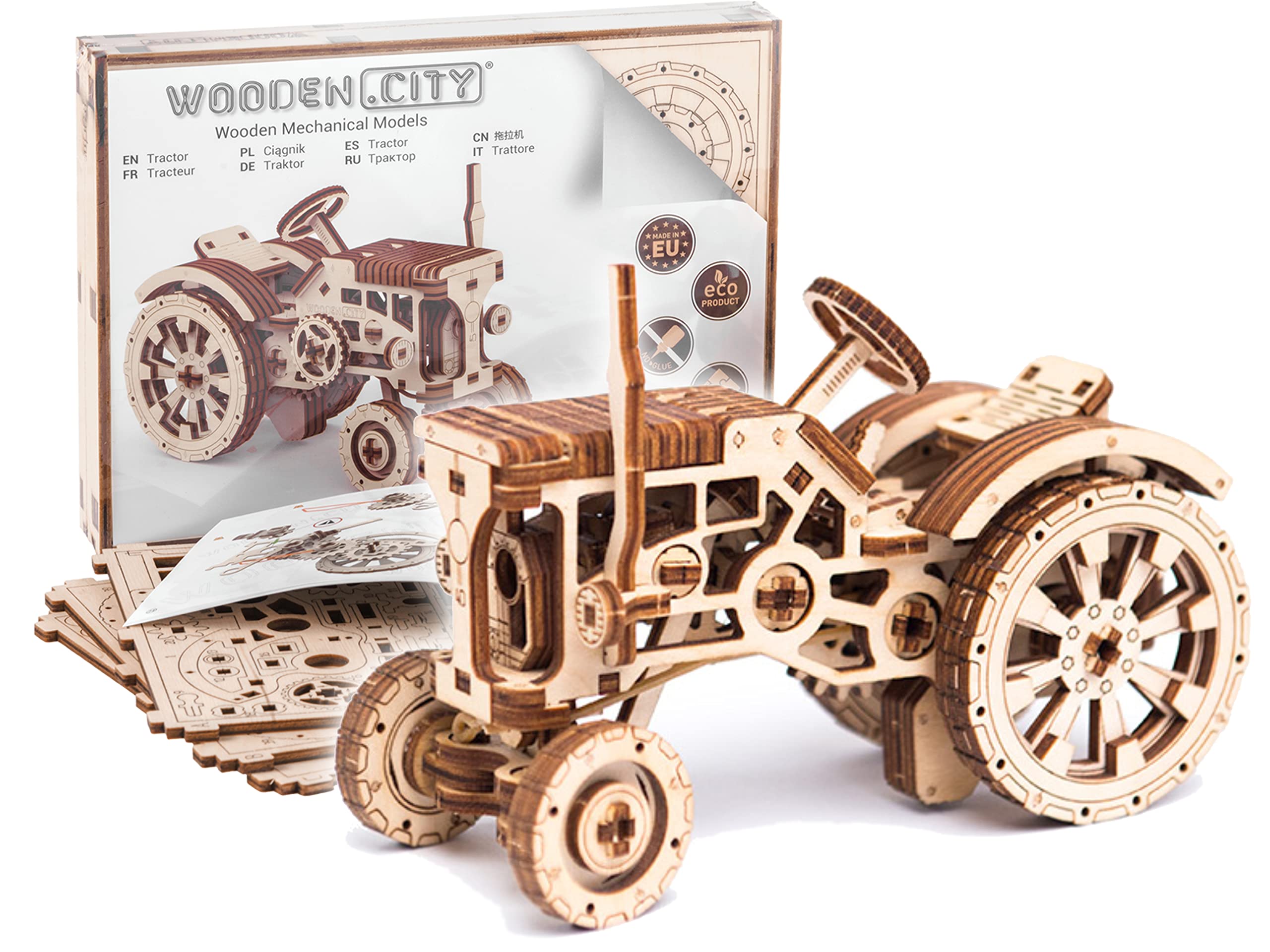 WOODEN.CITY Tractor 3D puzzle main view showing birch wood craftsmanship for mindful building
