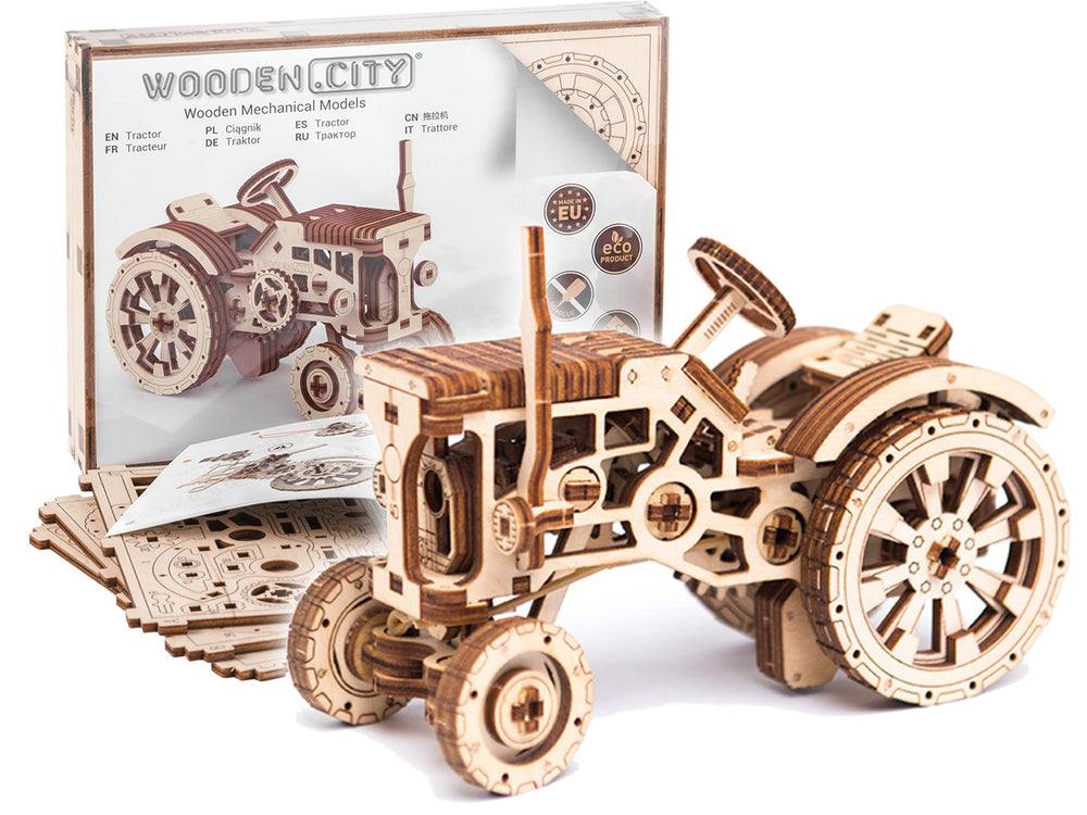 WOODEN.CITY Tractor 3D puzzle main view showing birch wood craftsmanship for mindful building