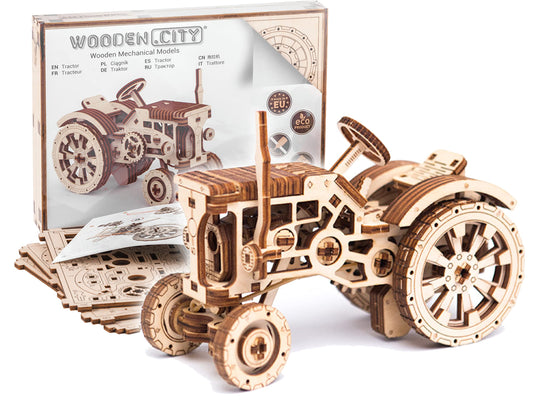 WOODEN.CITY Tractor 3D puzzle main view showing birch wood craftsmanship for mindful building