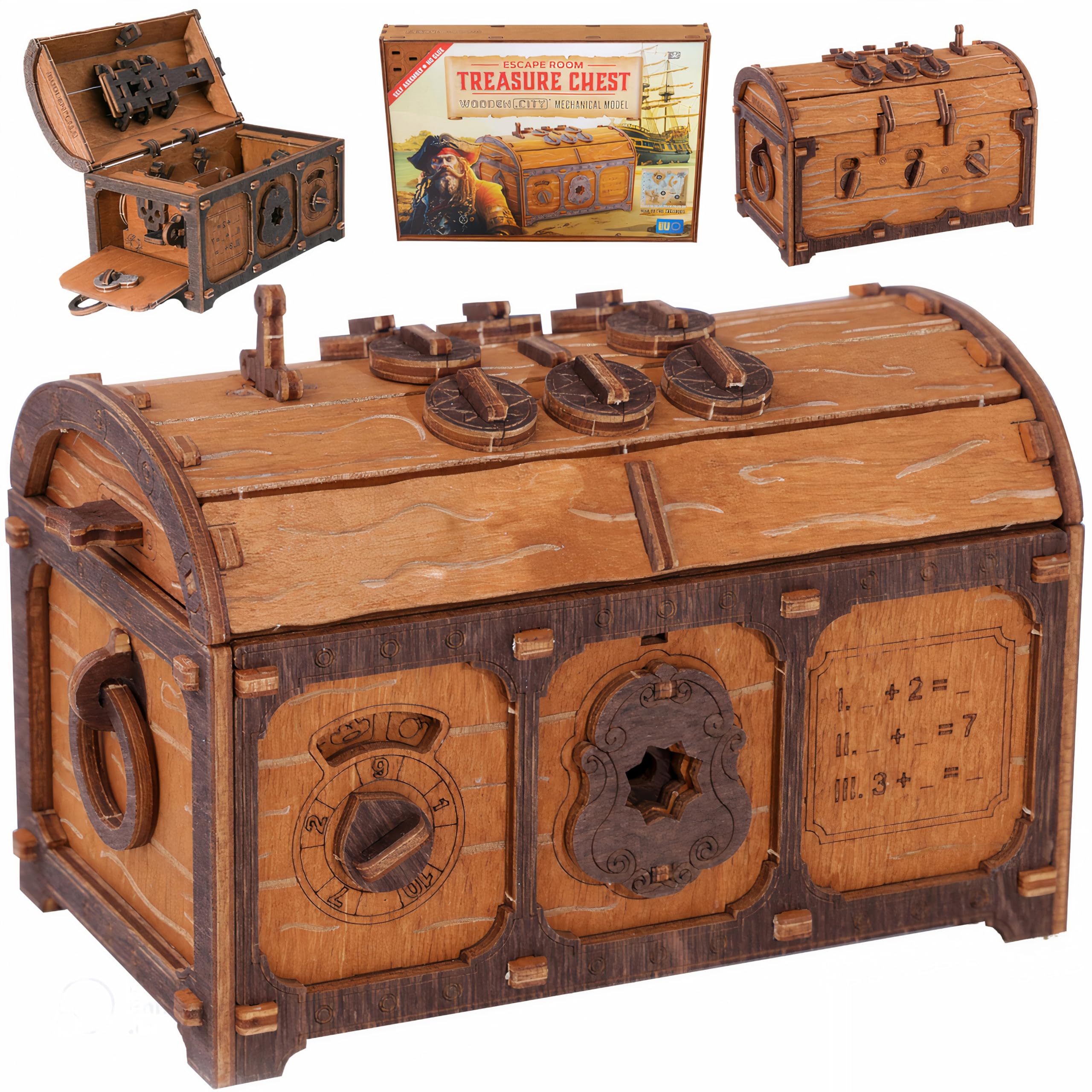 Wooden.City Treasure Chest Puzzle Box assembled, reveals hidden compartment after solving.