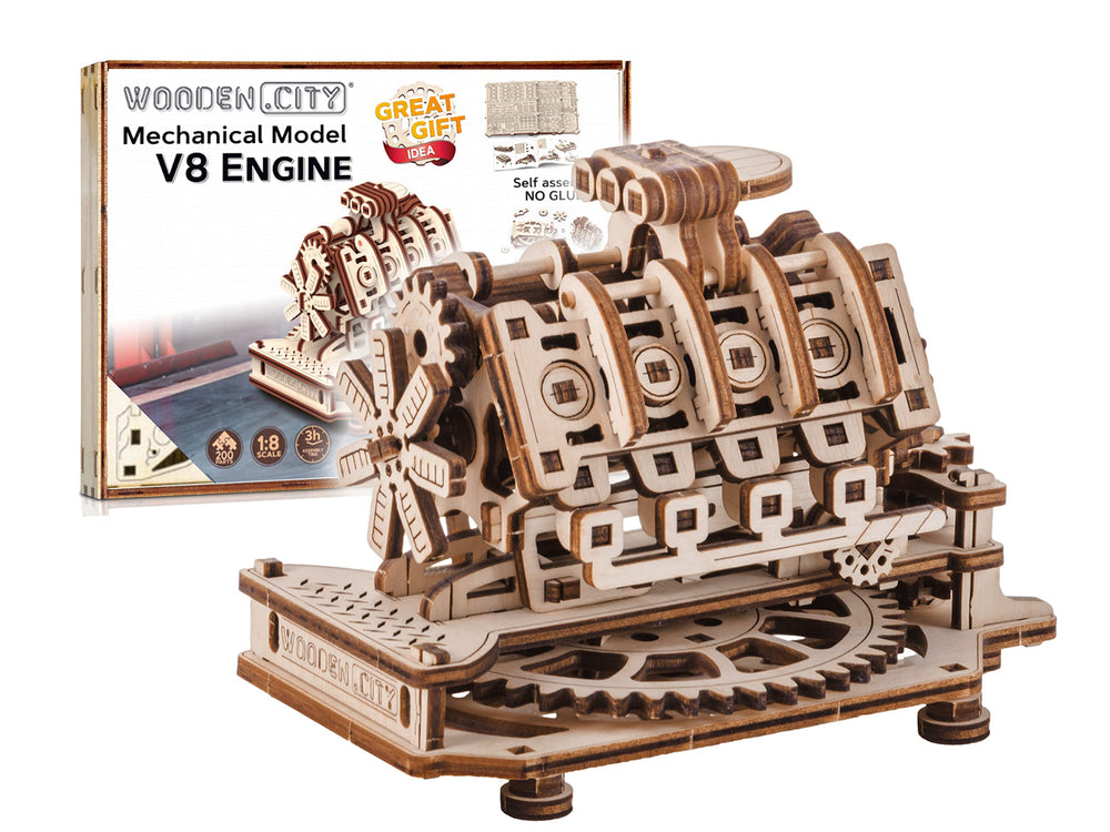WOODEN.CITY V8 engine puzzle with rotating cylinders for hands-on learning.