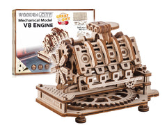 WOODEN.CITY V8 engine puzzle with rotating cylinders for hands-on learning.