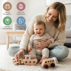 WOODEN TEETHER closeup of smooth wood and safe edges for tiny fingers