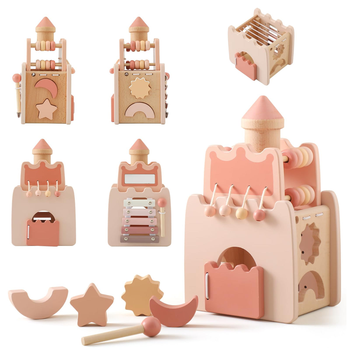 Wooden Teether Montessori activity cube demonstrates 5-in-1 learning features for preschoolers