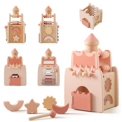 Wooden Teether Montessori activity cube demonstrates 5-in-1 learning features for preschoolers