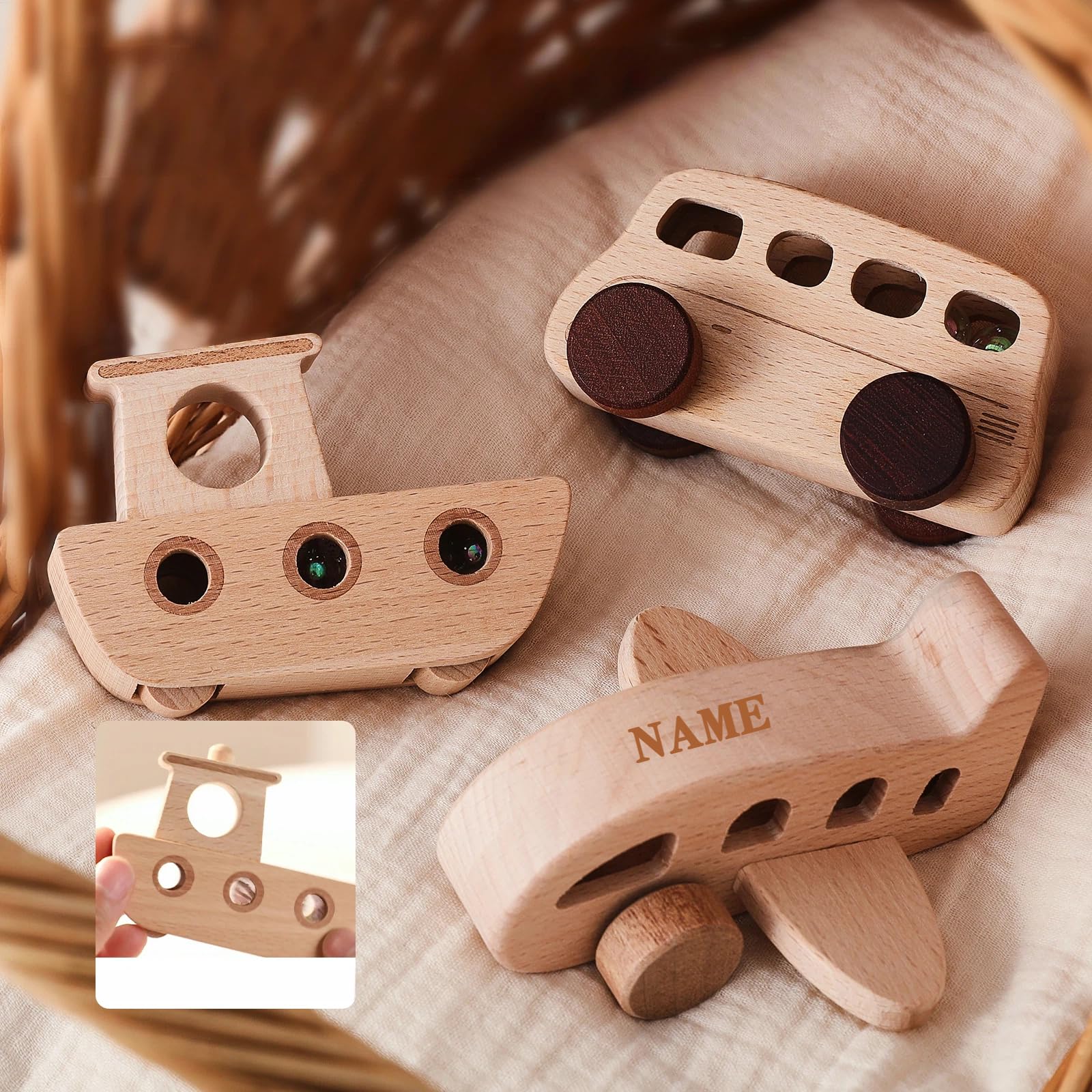 WOODEN TEETHER wooden cars airplane designed for curious toddlers with beads
