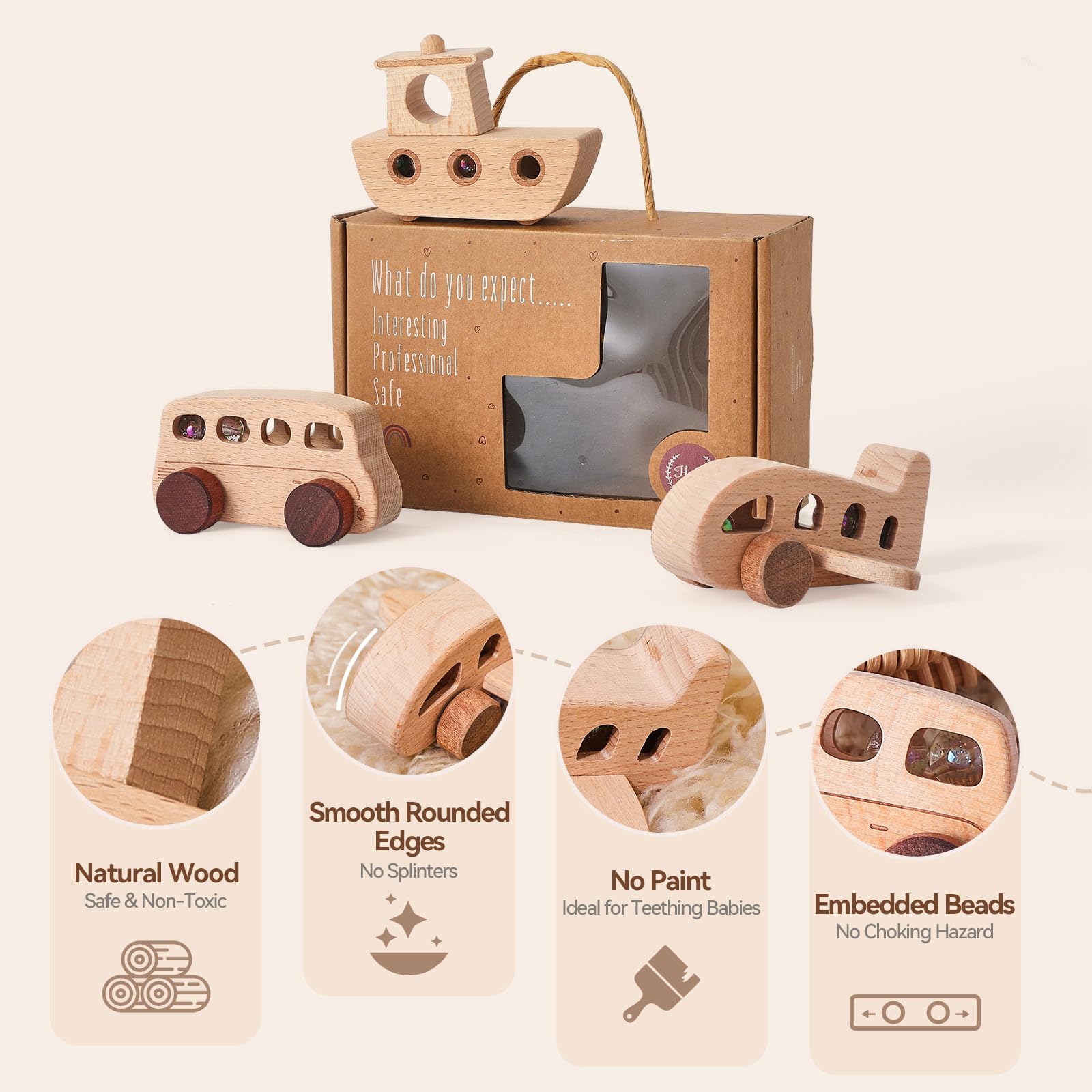 WOODEN TEETHER wooden cars boat offering tactile surfaces for storytelling
